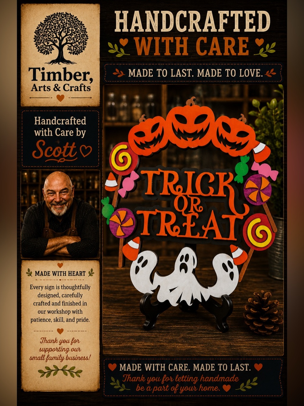 Hand Crafted Wooden "Trick or Treat " Door
Hanger Laser Cut